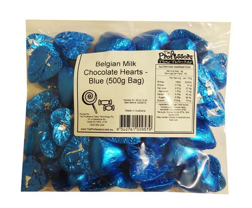 Belgian Milk Chocolate Hearts - Blue (500g Bag) 1 Belgian Milk Chocolate Hearts - Blue (500g Bag)