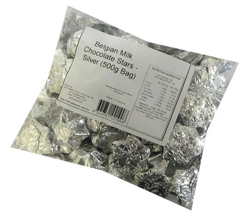 Belgian Milk Chocolate Stars - Silver (500g Bag) 1 Belgian Milk Chocolate Stars - Silver (500g Bag)