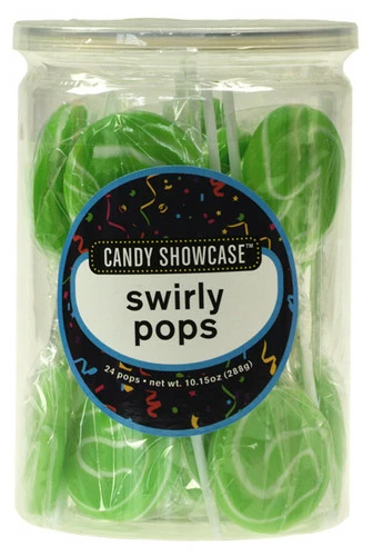 Candy Showcase Swirly Pops - Green And White (24 X 12g Pops In A Tub) 1 Candy Showcase Swirly Pops - Green And White (24 X 12g Pops In A Tub)
