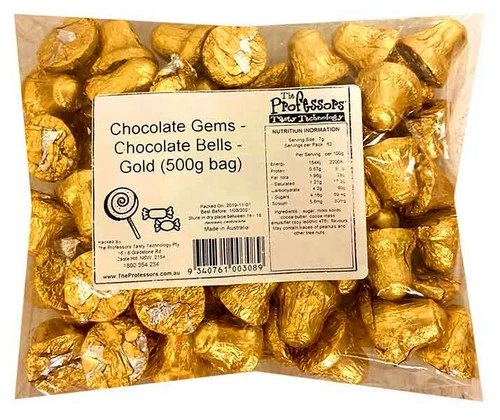 Chocolate Gems - Chocolate Bells - Gold (500g Bag) 1 Chocolate Gems - Chocolate Bells - Gold (500g Bag)