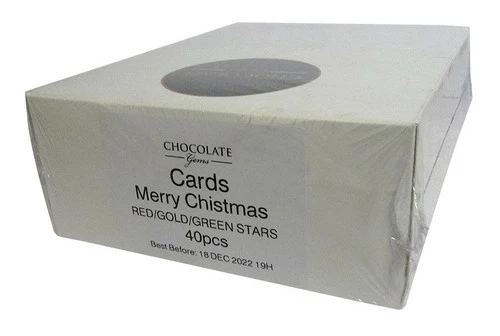 Chocolate Gems - Merry Christmas Card With Mixed Stars Chocolate (40 White Cards Per Box)