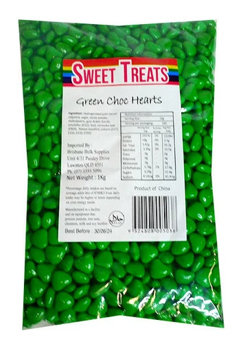 Sweet Treats Choc Hearts - Green (1kg Bag) 1 Sweet Treats Choc Hearts - Green (1kg Bag)