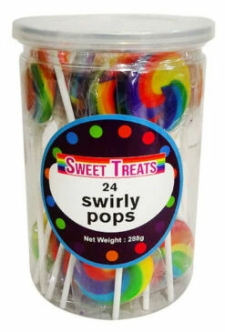 Sweet Treats Small Swirly Pops - Rainbow - 4cm Wide (24 X 12g In A Tub) -AU Snack Sales Store Sweet Treats Swirly Pops Rainbow 24 x 12g in a tub front 54306.1617411974