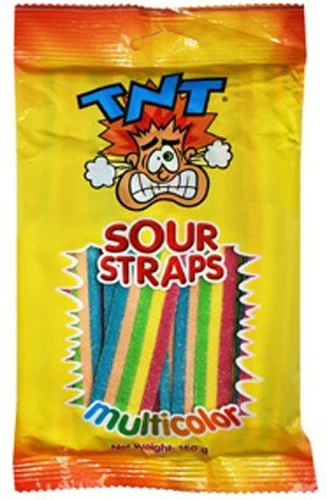 TNT Sour Straps - Multicolour - Hang Sell Bags (150g Bag X 12pc Box) 1 TNT Sour Straps - Multicolour - Hang Sell Bags (150g Bag X 12pc Box)