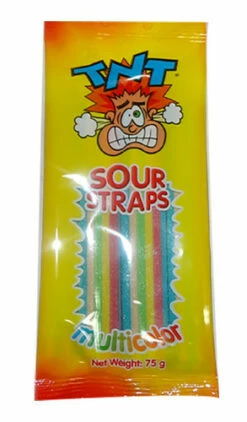 TNT Sour Straps - Hang Sell Bags -Multicolour Packs (75g X 24pc Box) -AU Snack Sales Store TNT Sour Straps Hang Sell Bags Multicolour Packs 75g 32105.1490752944