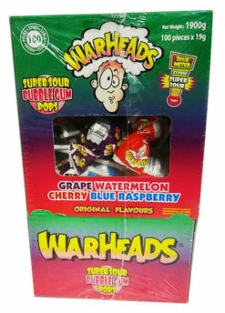Warhead Super Sour Bubble Gum Pops (100 X 19g Lollipops In A Display Box) -AU Snack Sales Store Warhead Super Sour Gum Pops 100 x 19g lollipops in a display box close up 28987.1691349273